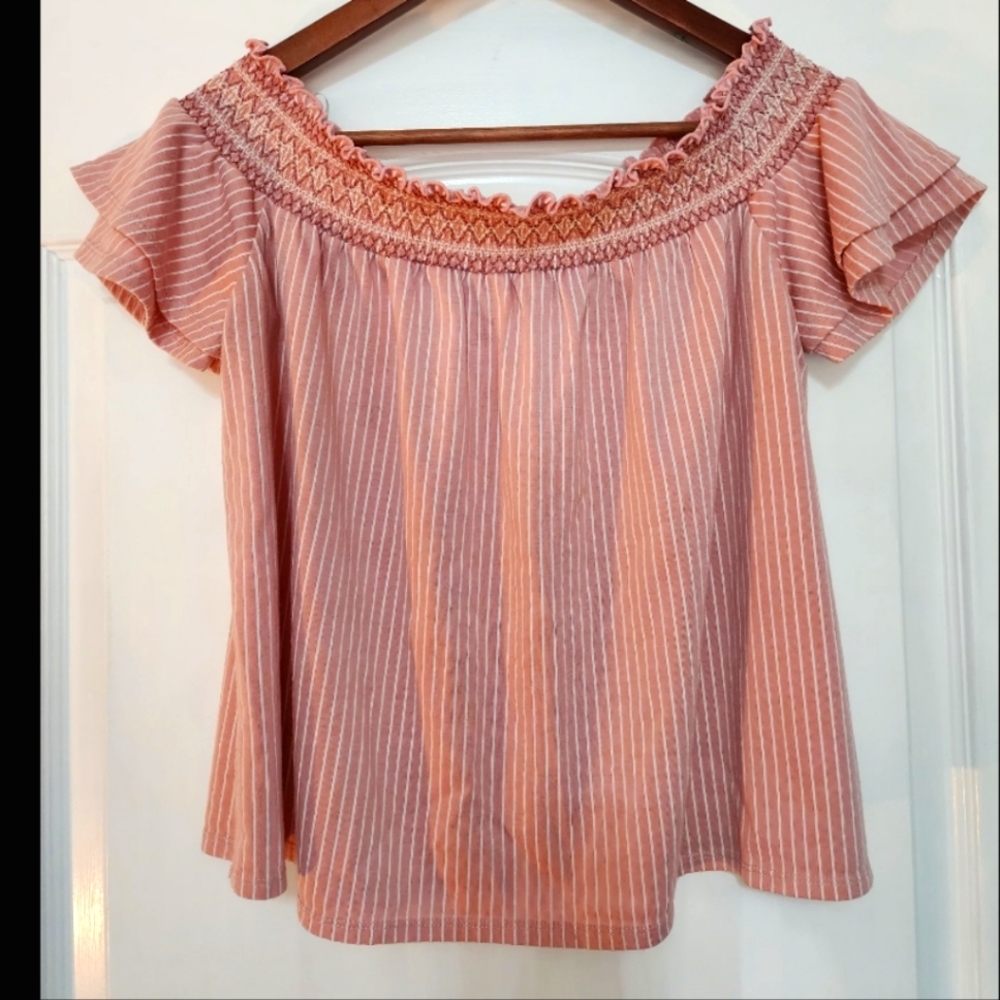Women's Coral Pin Strip Off Shoulder Shirt